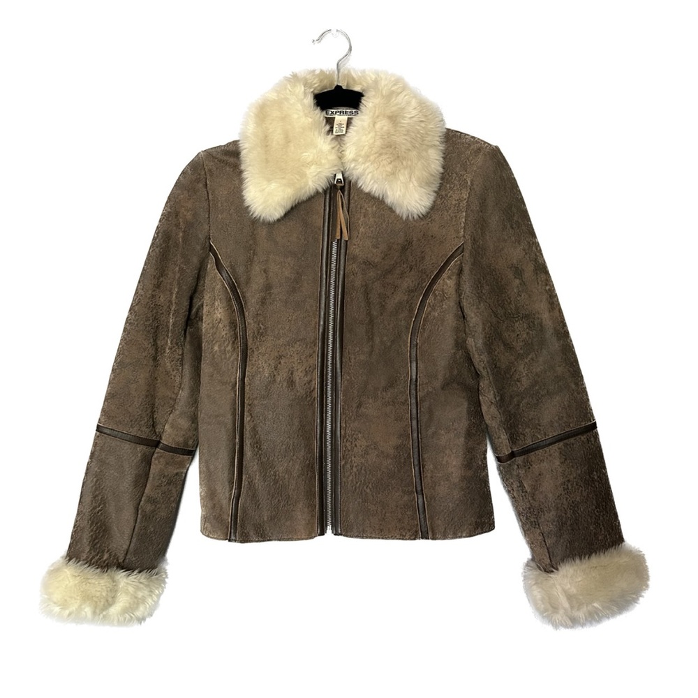 Vintage Express Leather Sherpa Moto Bomber Jacket Brown Size 4